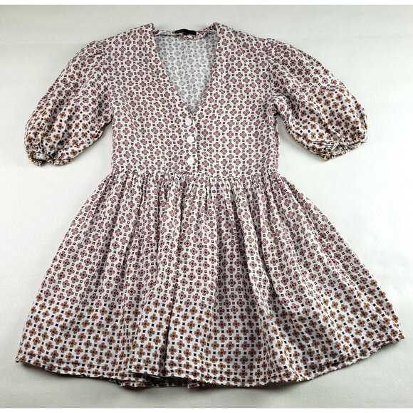 Maje Romelange Linen Mini Dress Womens Medium White Geometric Print Puff Sleeve - Picture 1 of 16